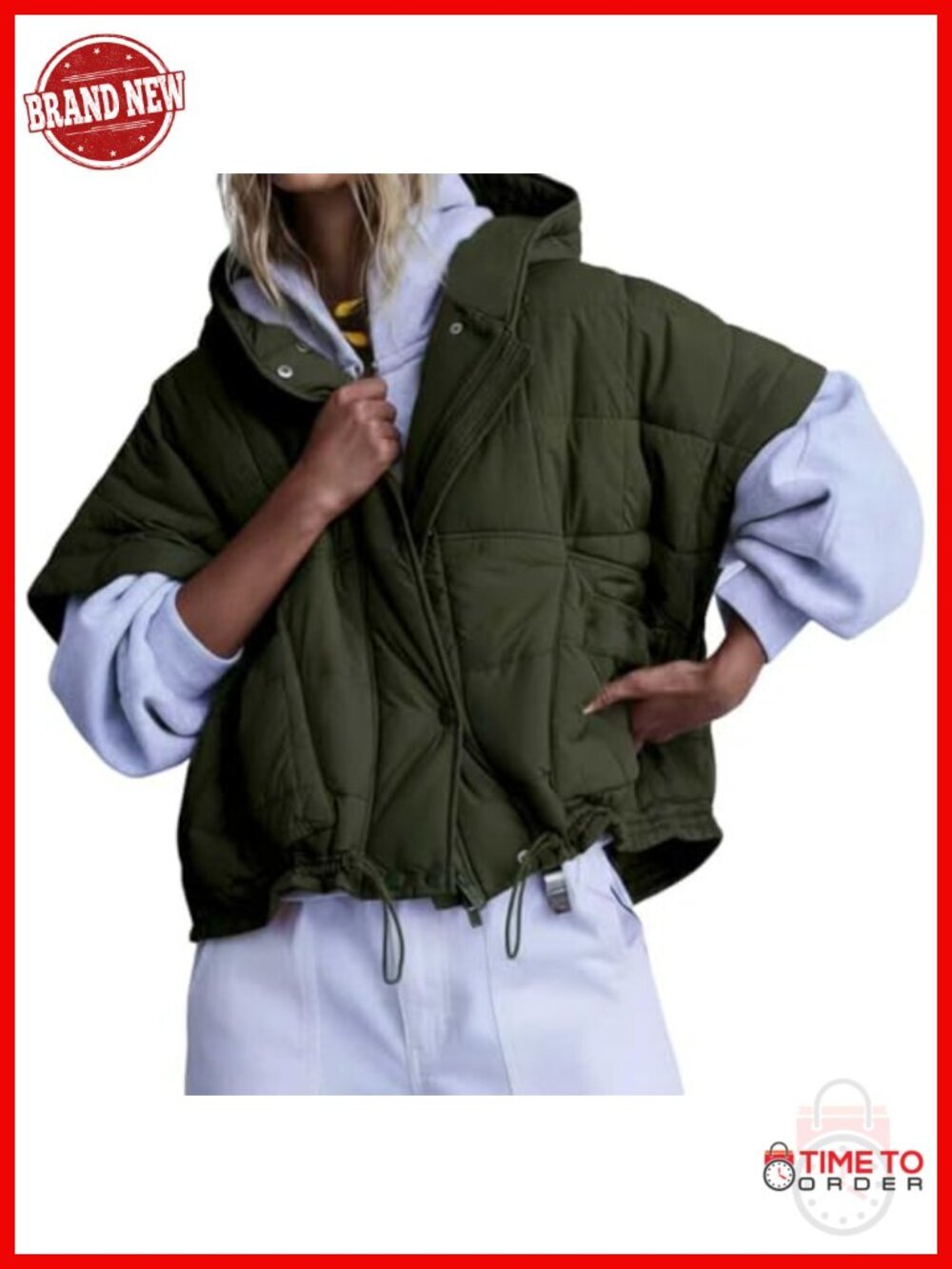 Quilted Puffer Vest with Hoodie Oversized Short Sleeves Gilet Outerwear